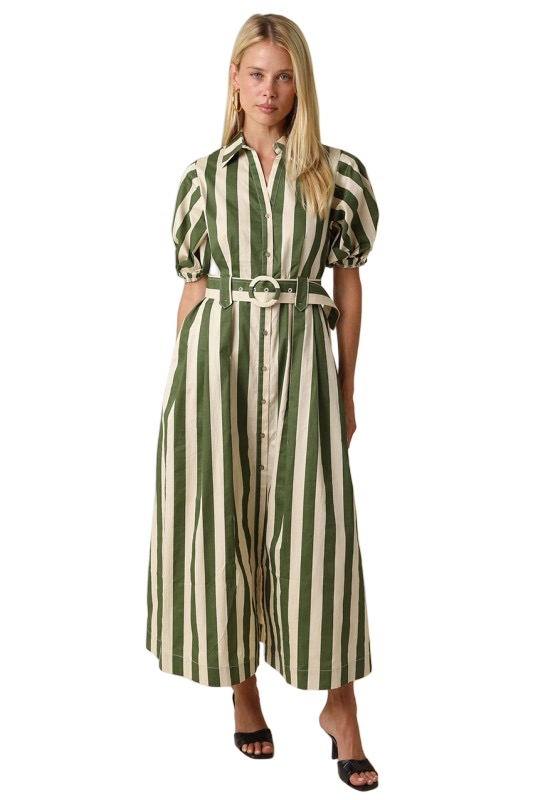 Olivaceous Cora Striped Belted Midi Dress