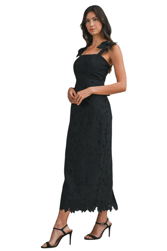 Apparel- Mable Eyelet Lace Shoulder Tie Midi Dress