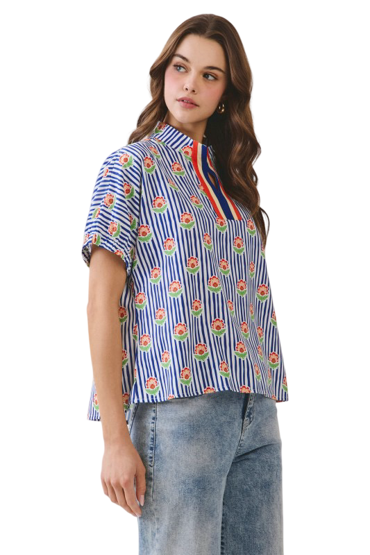 TCEC Floral Striped Neck Blouse Top