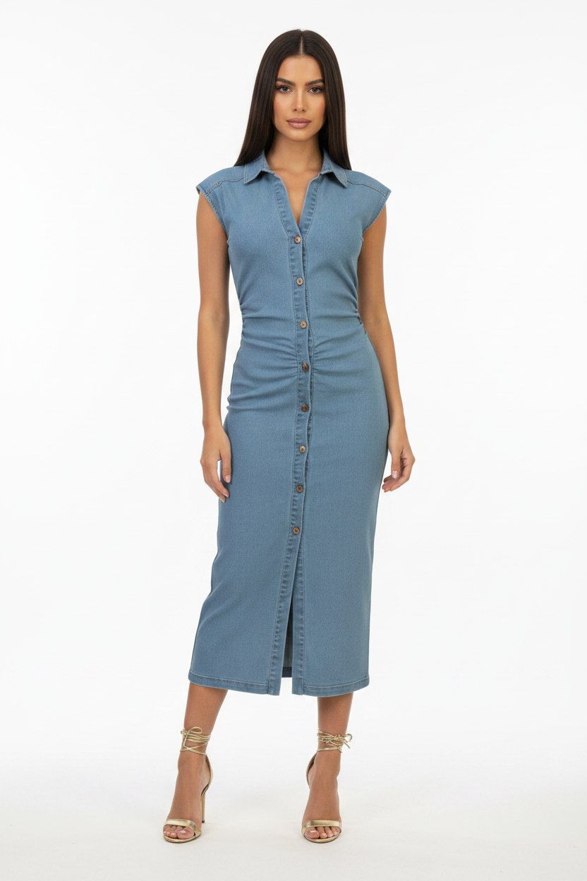 Haute Monde Button Front Denim Midi Dress