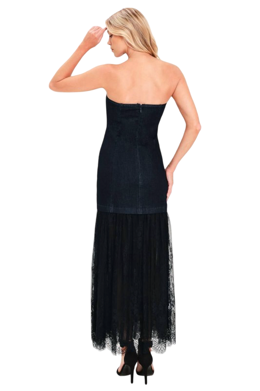Flying Tomato Strapless Denim and Lace Maxi Dress