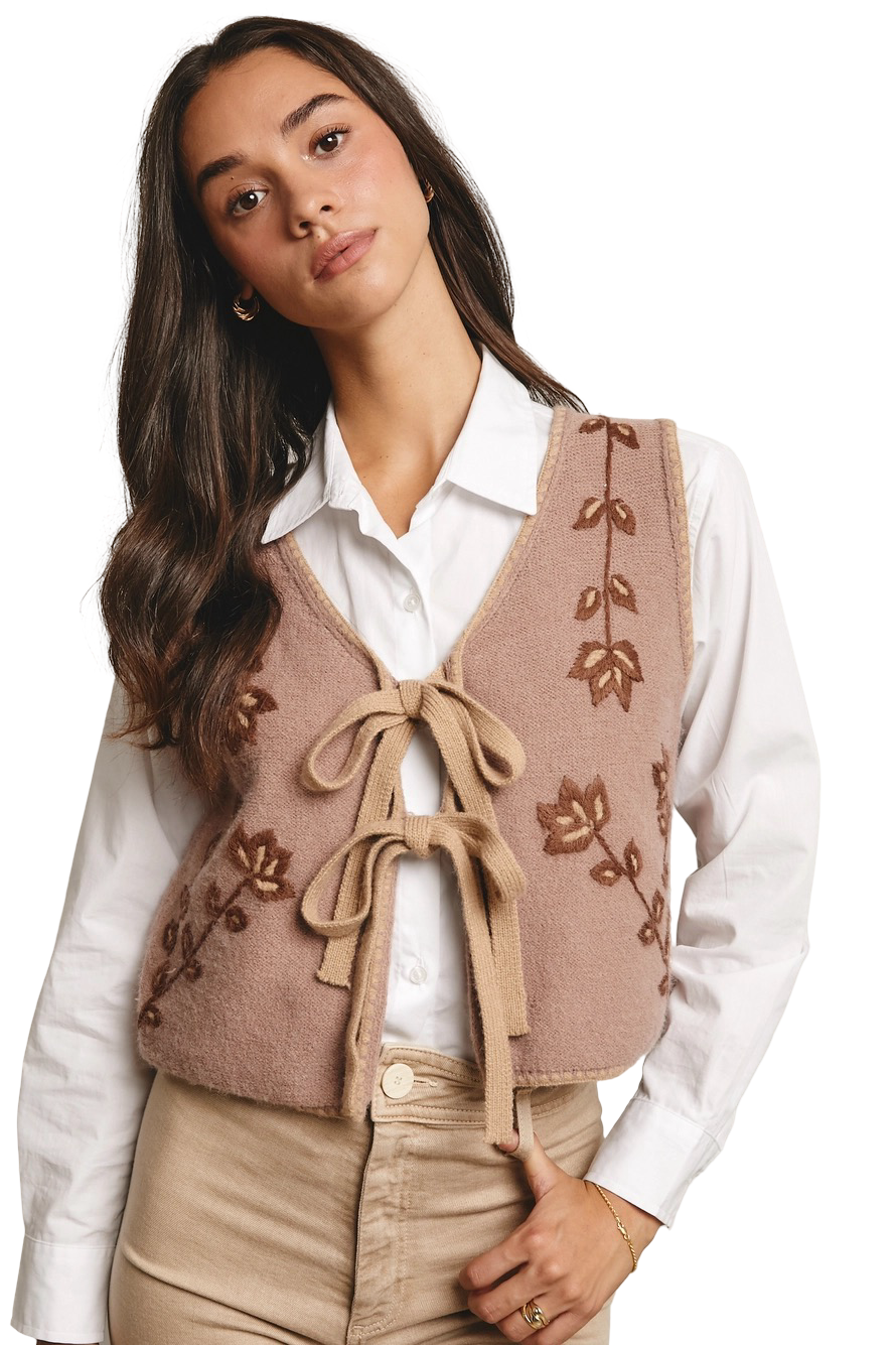 Apparel- Forte Embroidered Tie Front Sweater Vest