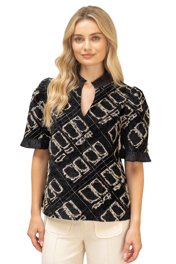 Apparel- VOY Satin Band Velvet Detail Burnout Top