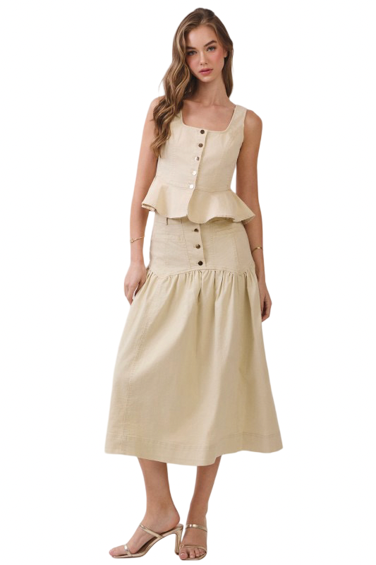 TCEC Button Front Drop Waist Midi Skirt