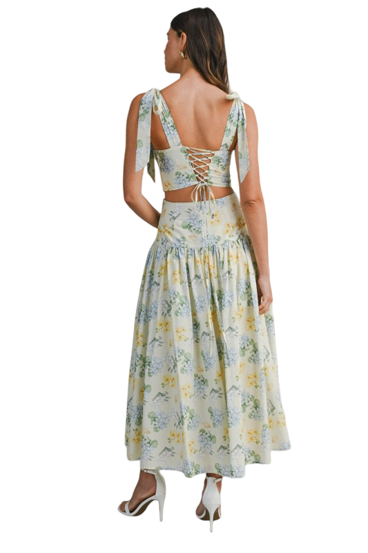 Mable Floral Print Ruched Bust Top and Midi Skirt Set