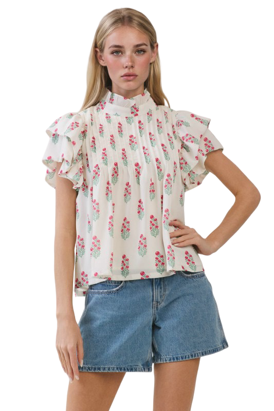TCEC Floral Print High Neck Blouse Top