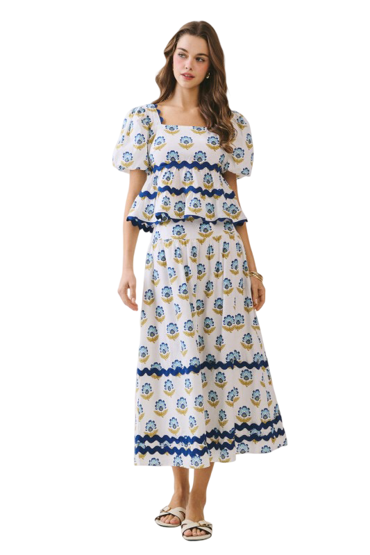 Apparel- TCEC Floral Print Contrast Border Midi Skirt