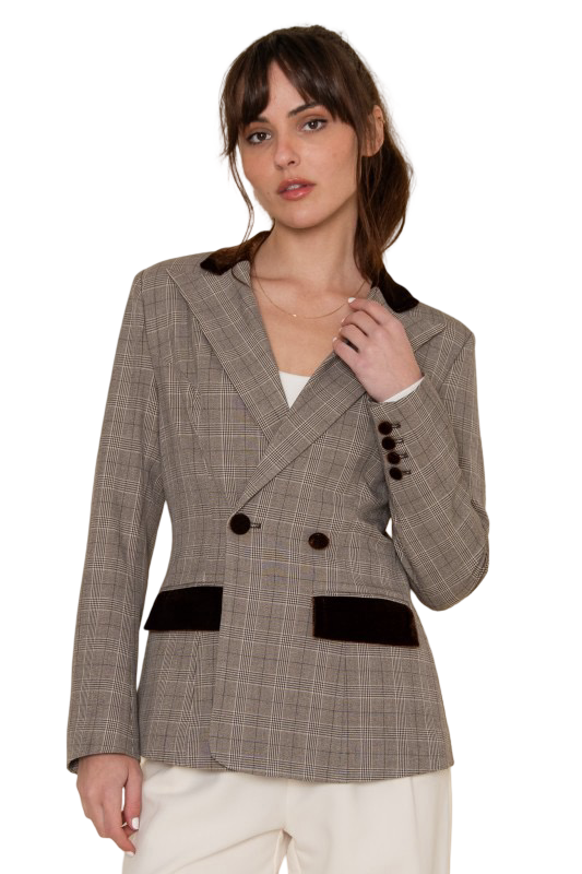 Fore Collection Plaid with Velvet Detail Blazer Style Jacket