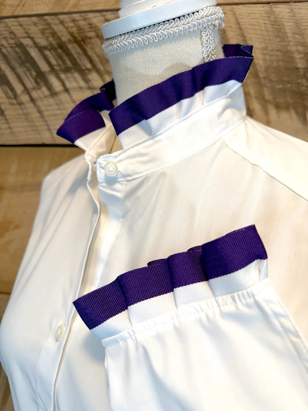 Pearly Vines- Dionne Game Day Ruffled Ribbon Shirt- White with Purple & White Ribbon