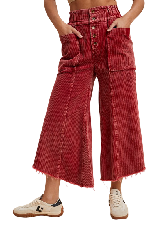 Apparel- Anniewear Mineral Wash Wide Leg Cropped Corduroy Jean Pants