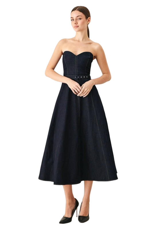 Flying Tomato Sweetheart Neck Classic Denim Midi Dress