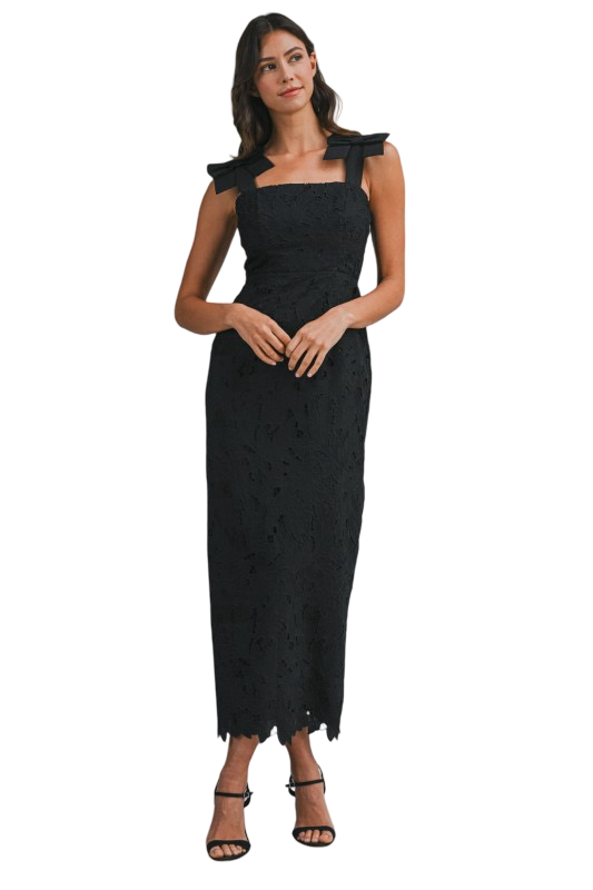 Apparel- Mable Eyelet Lace Shoulder Tie Midi Dress