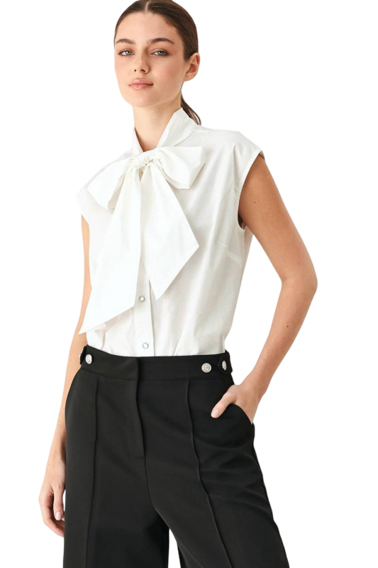 Flying Tomato Button Front Bow Tie White Blouse Top