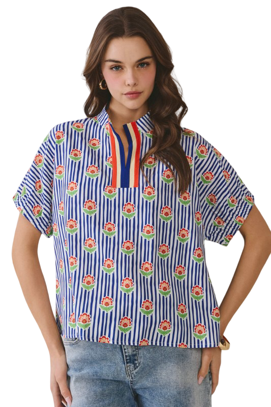 TCEC Floral Striped Neck Blouse Top