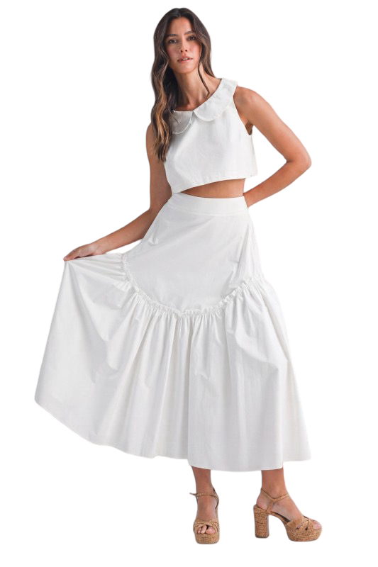 Mable Poplin Collar Sleeveless Top and Midi Skirt Set