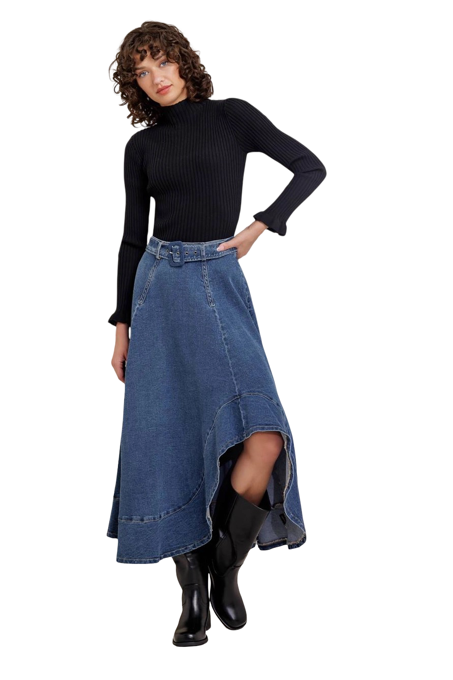 Apparel- Flying Tomato Washed Denim Midi Skirt