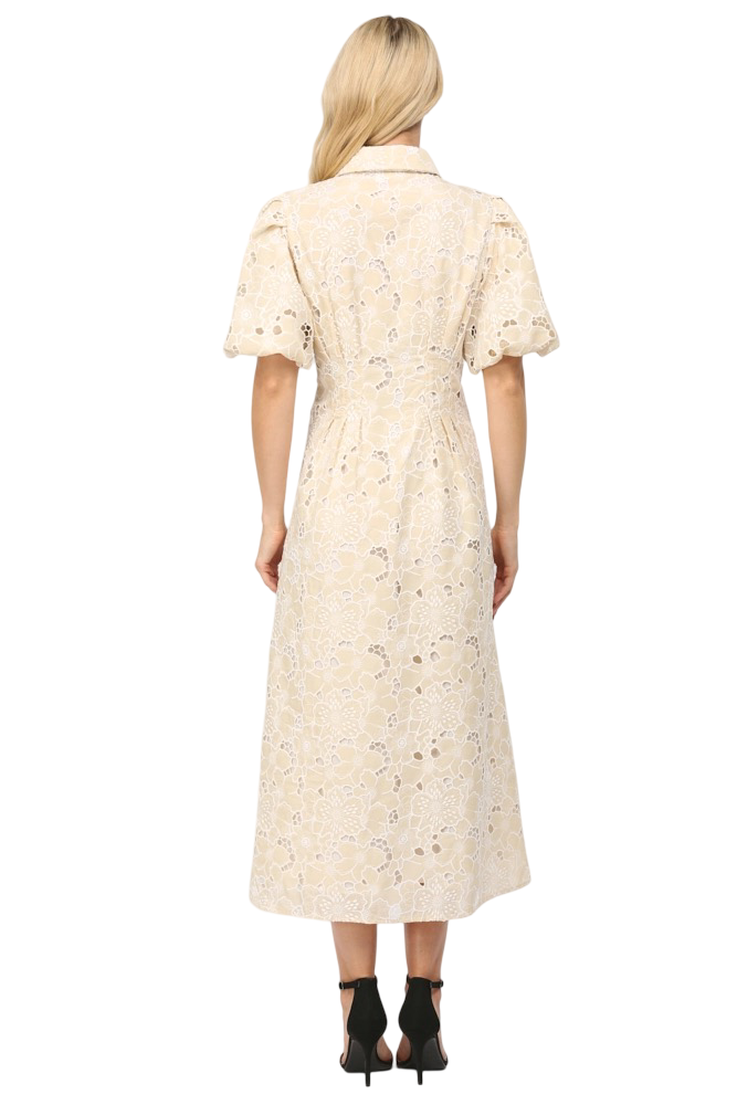Apparel-Fate Pleated Waist Half Button Eyelet Midi Dress