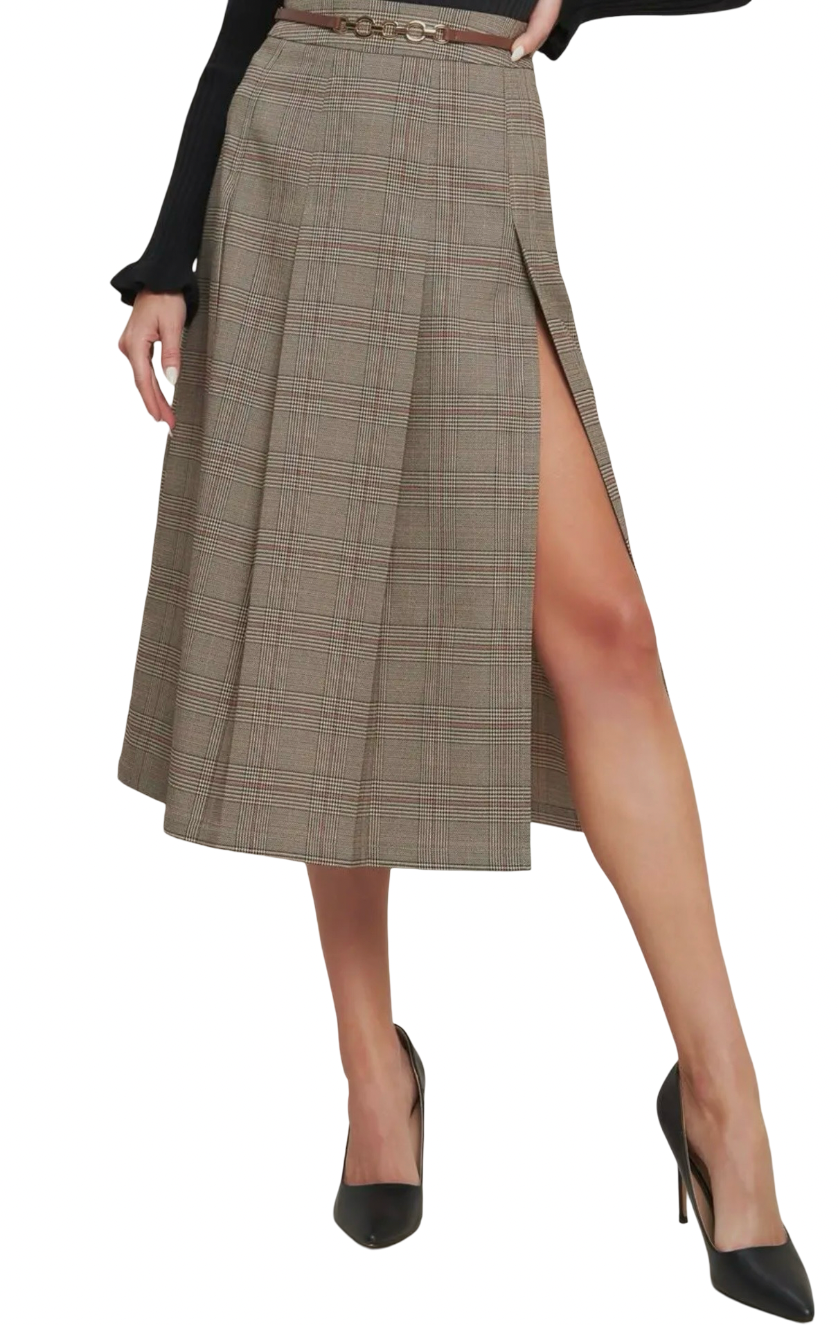Apparel- Flying Tomato Pleated Woven Midi Skirt with Belt