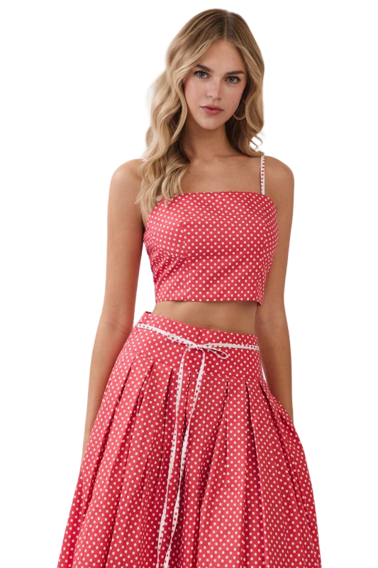 TCEC Pleated Polka Square Neck Crop Top