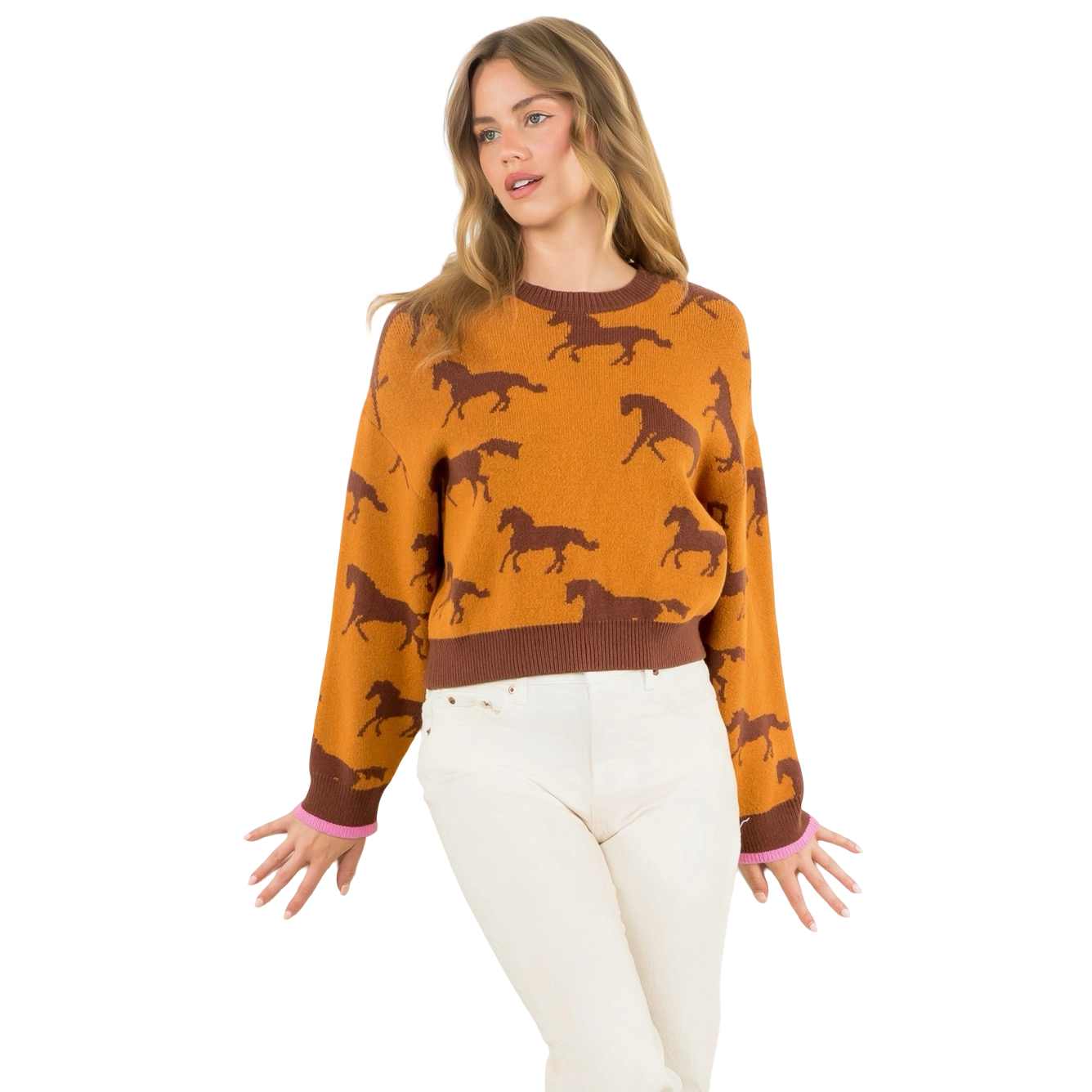 Apparel- THML Horse Print Crew Knit Sweater Top