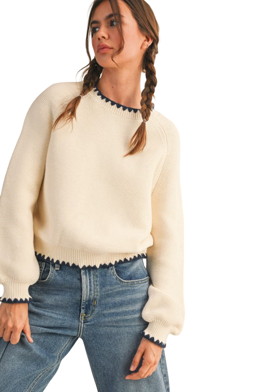 Apparel- En Merci Contrast Stitch Long Sleeve Sweater Top