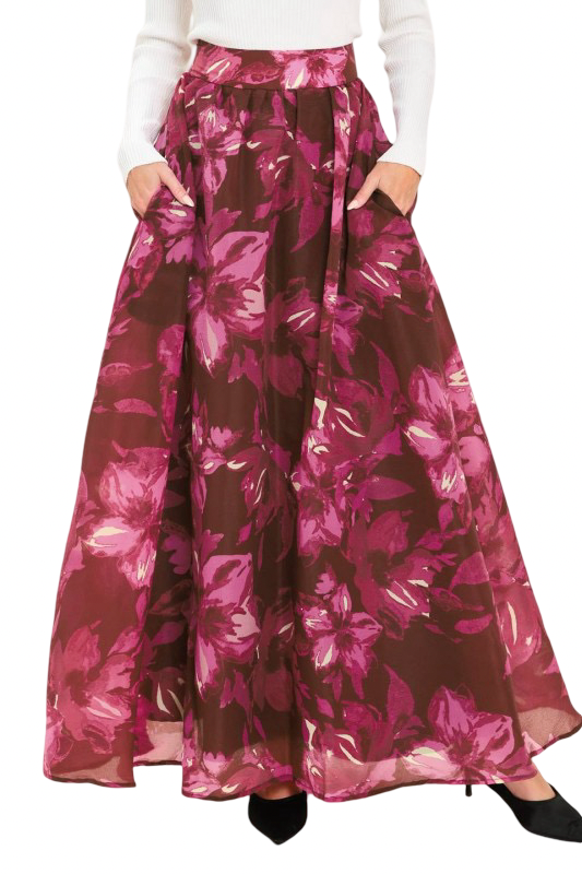Flying Tomato Bold Floral Woven Full Maxi Skirt