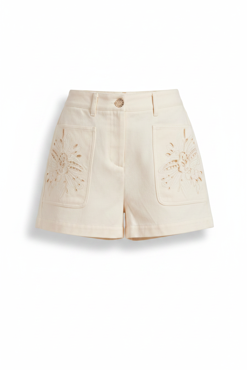 Strut and Bolt Floral Cut Out Embroidery Detail Shorts