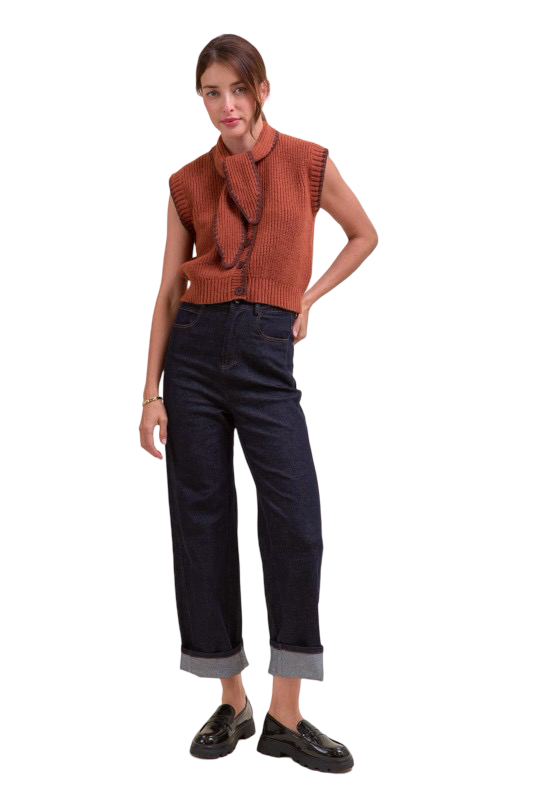 Apparel- En Merci Tie Neck Blanket Stitch Sweater Vest Top