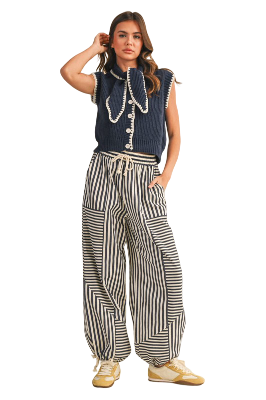 Apparel- En Merci Tie Neck Blanket Stitch Sweater Vest Top