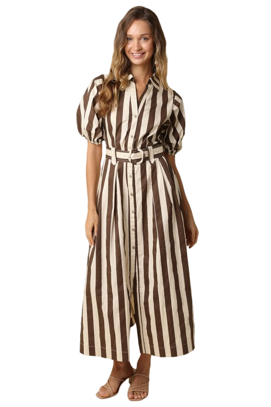 Olivaceous Cora Striped Belted Midi Dress