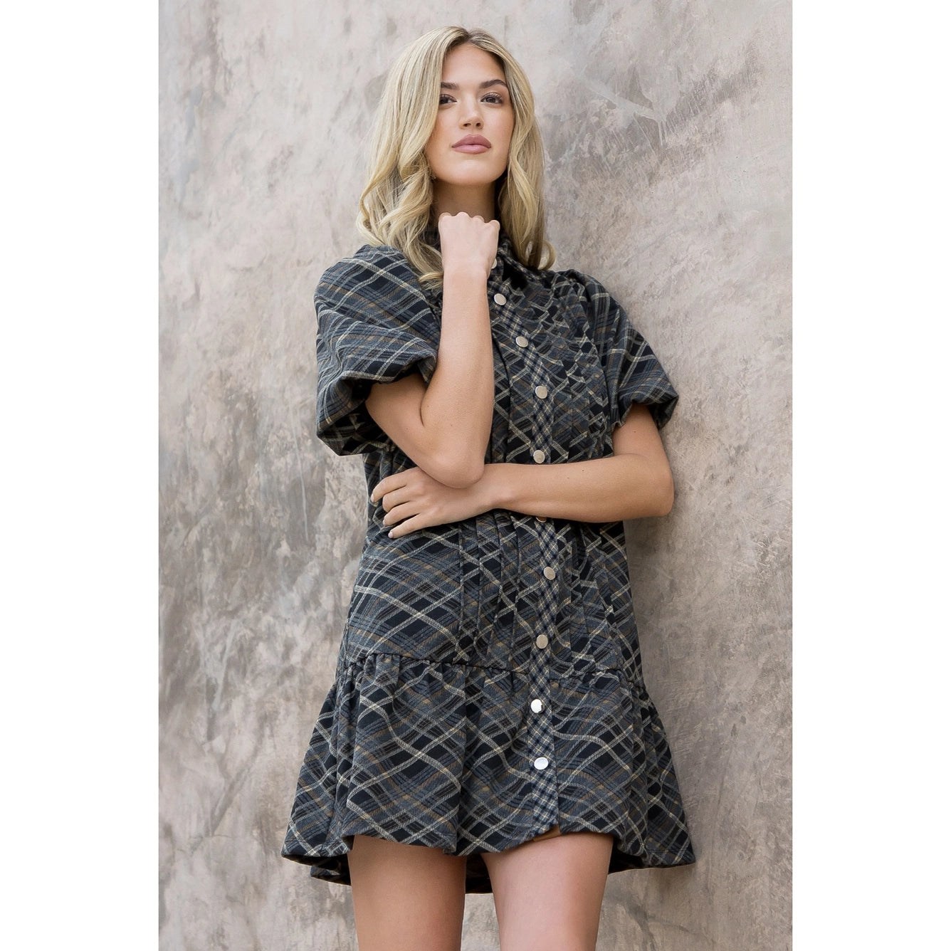 Apparel- THML Puffed Sleeve Plaid Dress