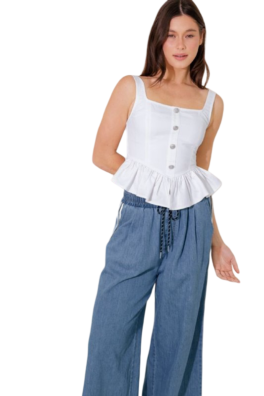 Flying Tomato Button Front Ruffled Woven Top