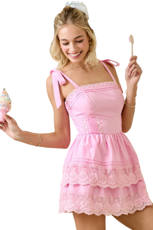 Day+Moon Double Tiered Shoulder Tie Mini Dress with Pleats Baby Pink / Large Day+Moon Double Tiered Shoulder Tie Mini Dress with Pleats Baby Pink / Large