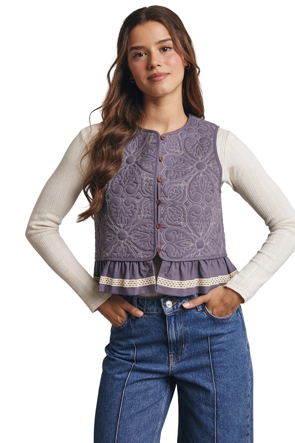 Apparel- Forte Lace Trimmed Quilted Peplum Vest Top