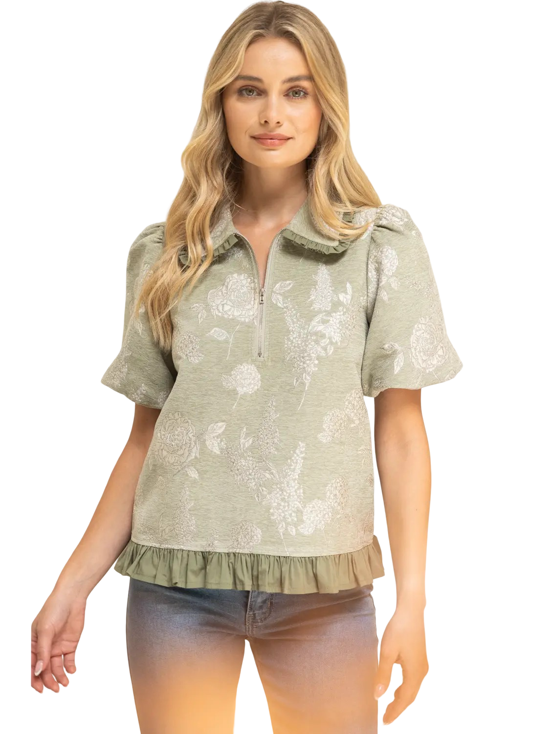 Apparel- VOY Floral Jacquard Top with Ruffled Collar