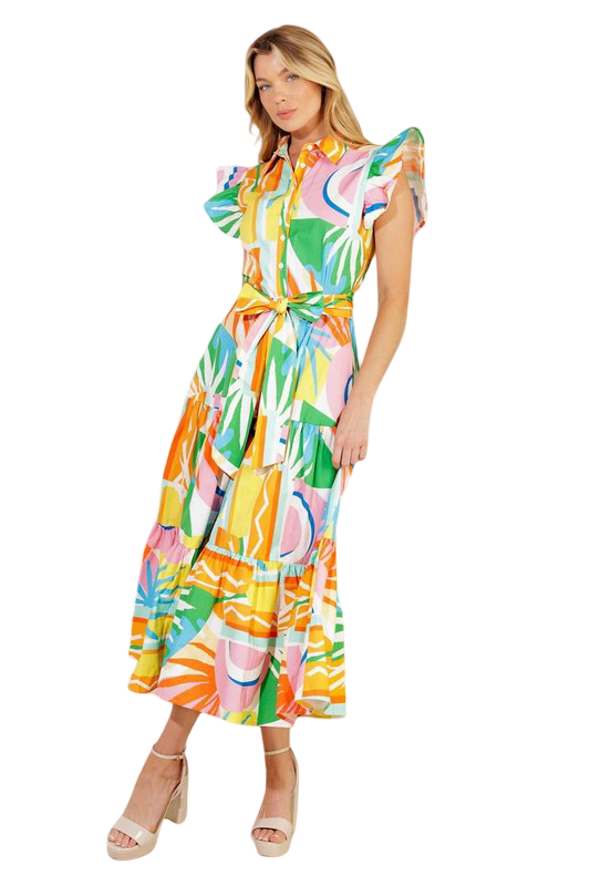 Flying Tomato Printed Ruffle Sleeve Midi Dress