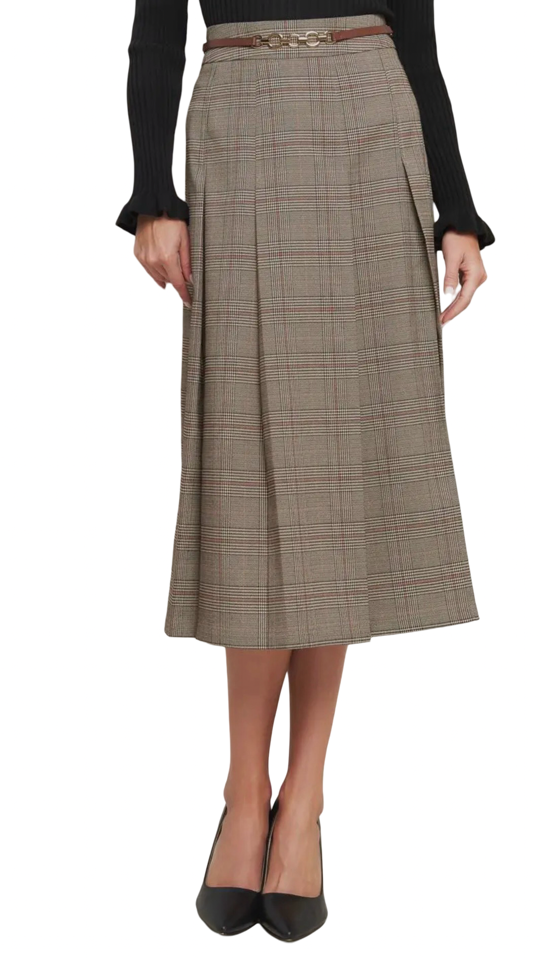 Apparel- Flying Tomato Pleated Woven Midi Skirt with Belt