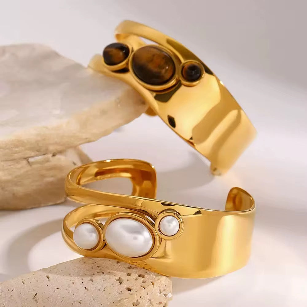 Bracelets- M&E Bling 18k Gold Plated Open Design with Stones Bracelet