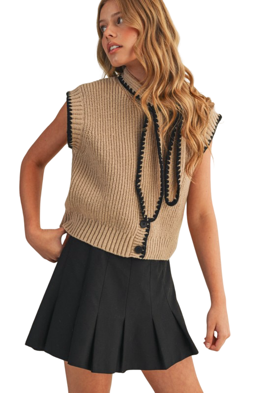 Apparel- En Merci Tie Neck Blanket Stitch Sweater Vest Top