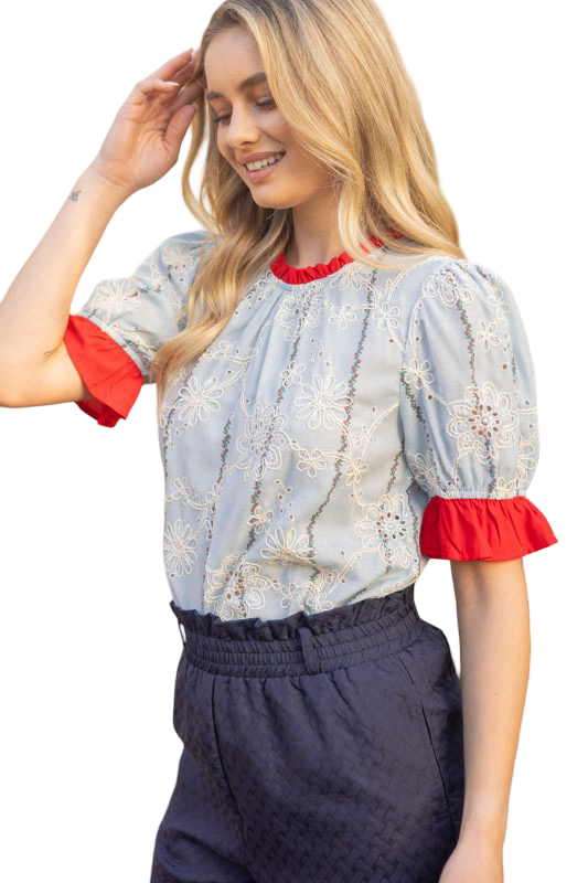 VOY Eyelet Contrast Band and Sleeve Blouse Top