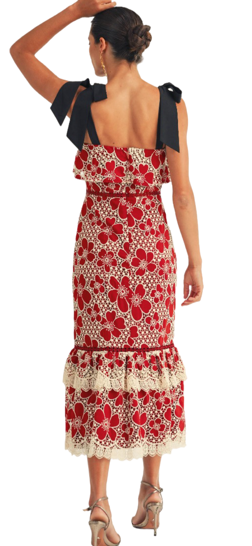 Just Me Flower Lace Ruffle Bottom Midi Dress