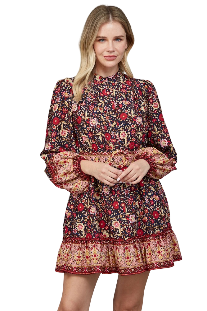 Apparel-Fate Border Print Button Down Belted  Mini Dress
