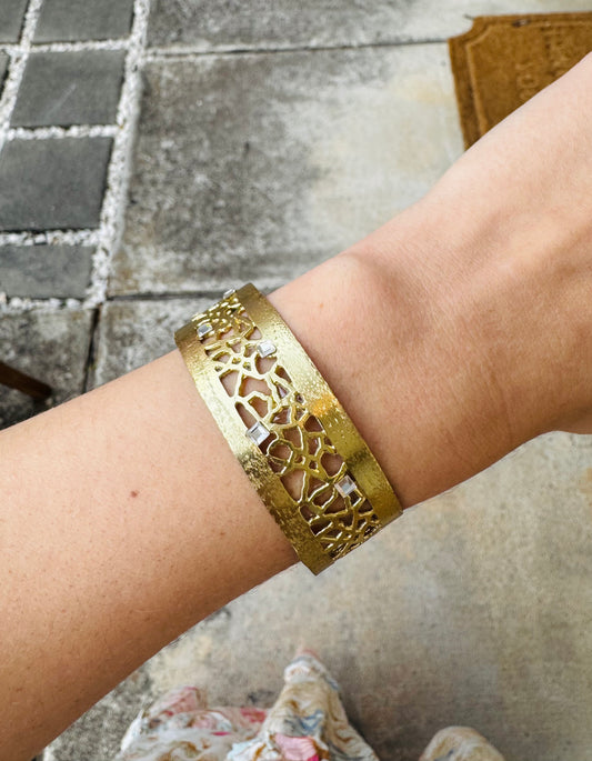 Bracelets- Kalliope Cream Rose, Bronze and White Crystal Cuff Bracelet