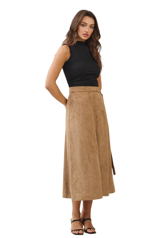 Apparel- Able Belted A Line Vegan Suede Midi Skirt