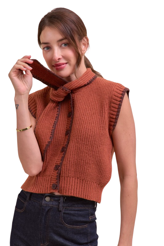 Apparel- En Merci Tie Neck Blanket Stitch Sweater Vest Top