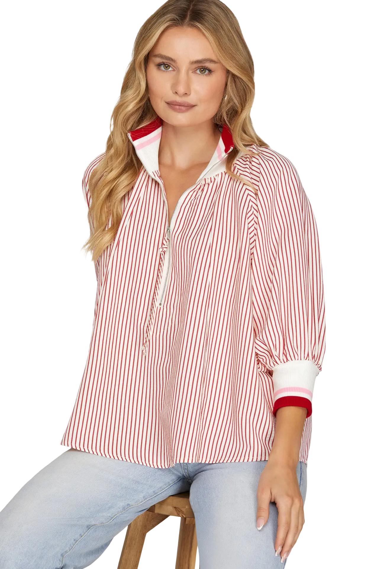 She+Sky 3/4 Sleeve Zip Down Contrast Blouse Top