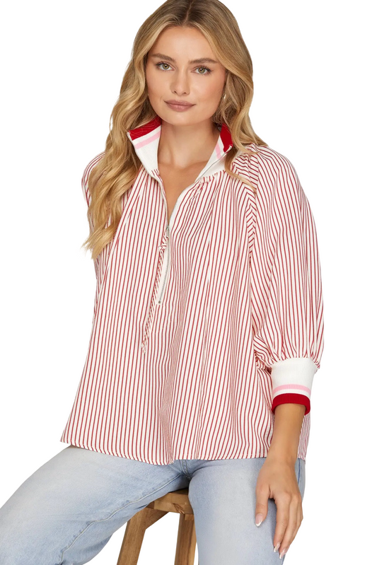 She+Sky 3/4 Sleeve Zip Down Contrast Blouse Top