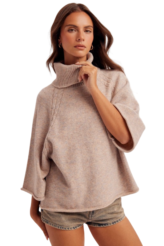 Hem and Thread Mini Cable Detail Turtleneck Sweater Top