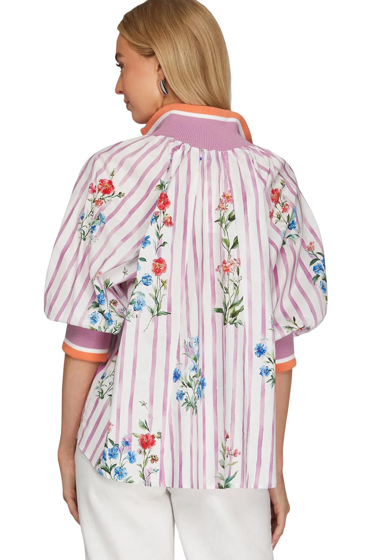 She+Sky 3/4 Sleeve Half Zip Printed Blouse Top