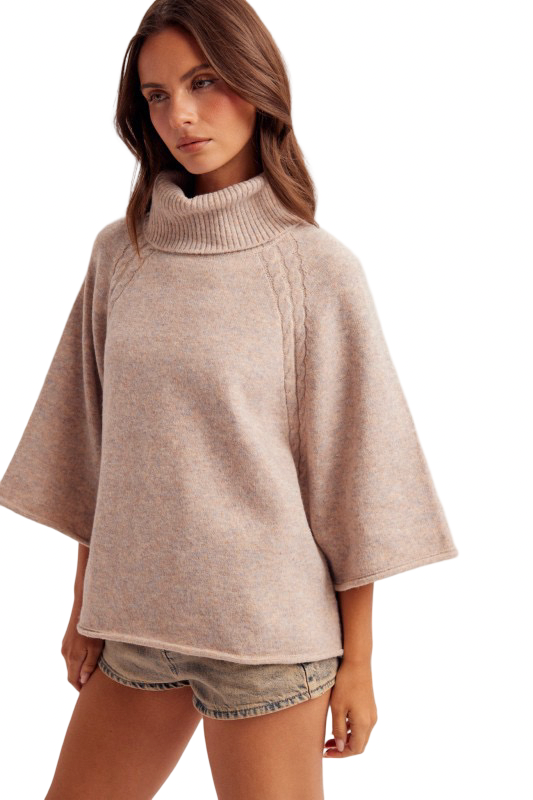 Hem and Thread Mini Cable Detail Turtleneck Sweater Top